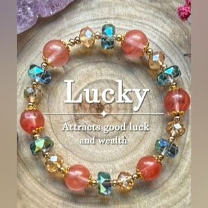 Pink Crystal Bead Stretch Bracelet - Gold Accents - ⭐ GOOD LUCK CHARM BRACELET ⭐
